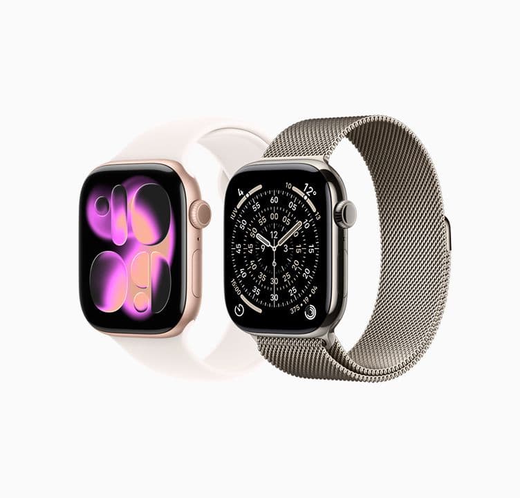 Dois Apple Watches, rosê e prata, representando a importação de produtos dos EUA