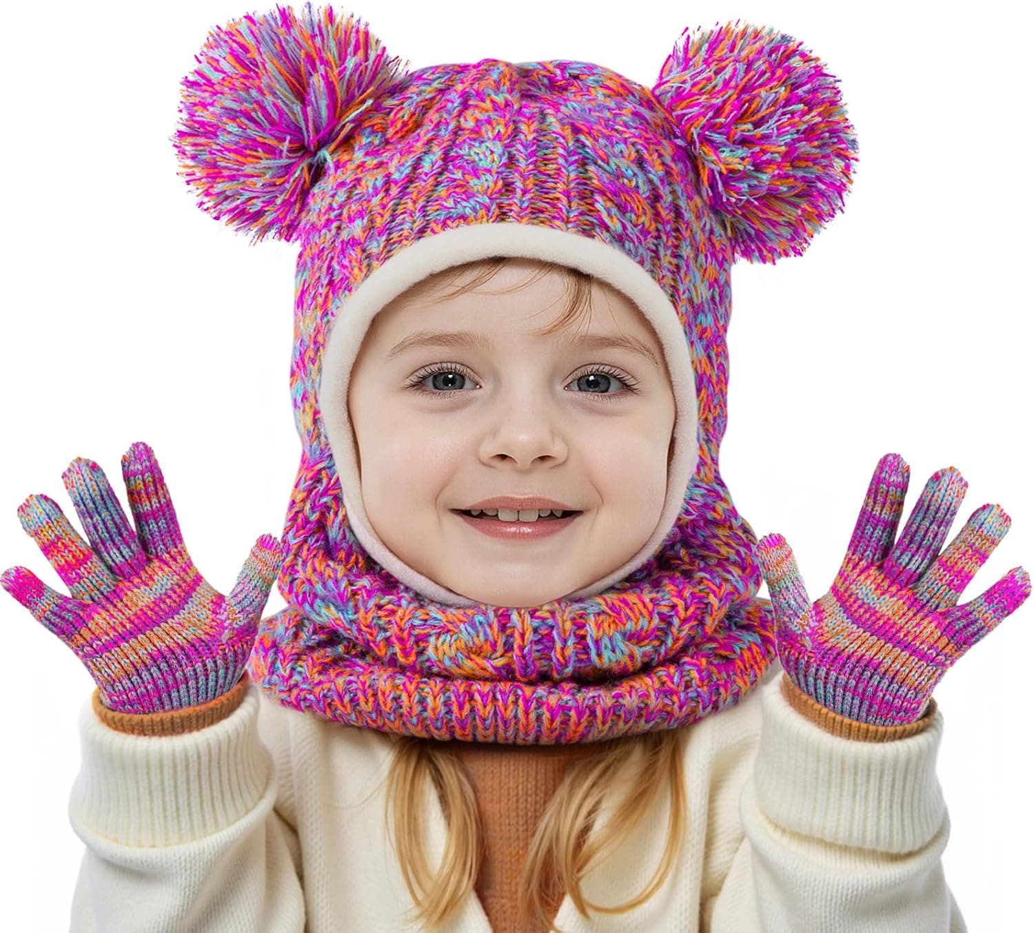 HONGTEYA Toddler Winter Hat Scarf Glove Set, Unisex Baby Kids Velvet Lined Knitted Hat with Neck Warmer for Cold Weather
